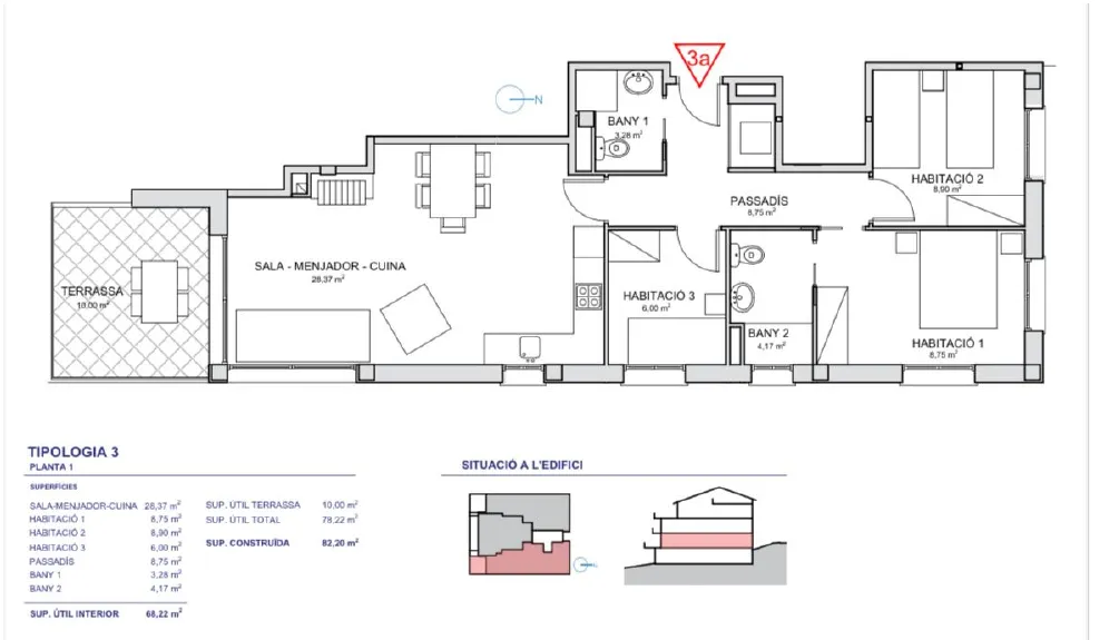Tipología 3: tres habitaciones, dos baños y terraza (68 m² útiles)